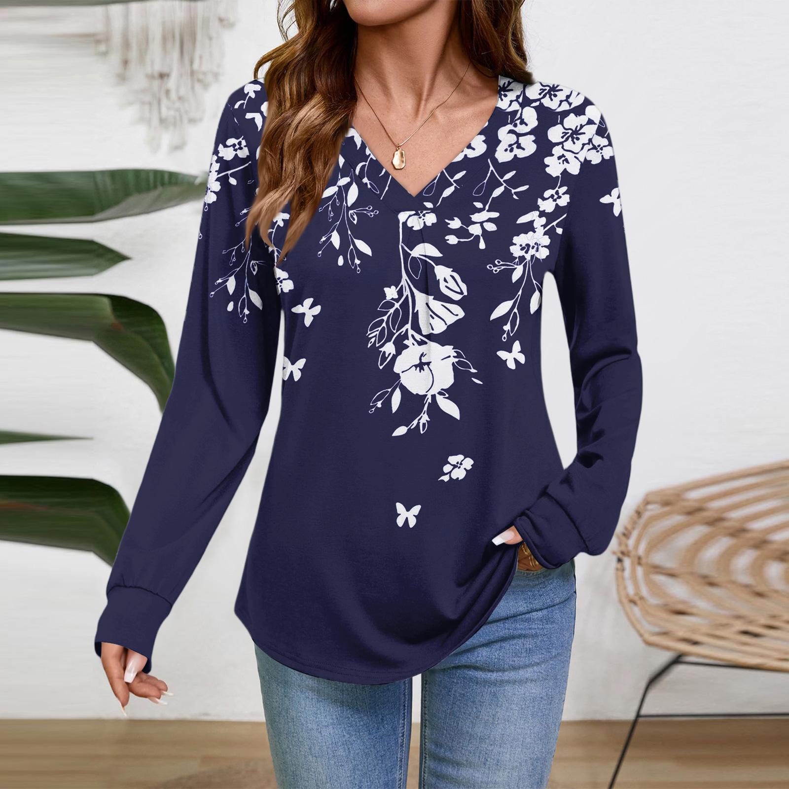 

Жіночі Топи з Довгим Рукавом Ошатно-Повсякденні Футболки з V-подібним Вирізом Базові Футболки Одяг для Відпустки Осінньої Моди M