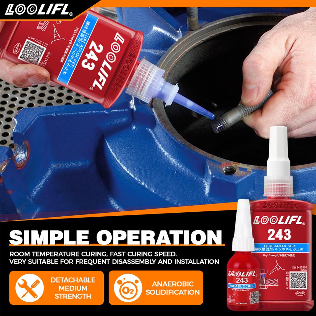 LOOLIFL 243 Medium Strength Threadlocker Wholesale Pack - Removable Adhesive for Nuts Bolts Detachable Threaded Assemblies Thread Lock3