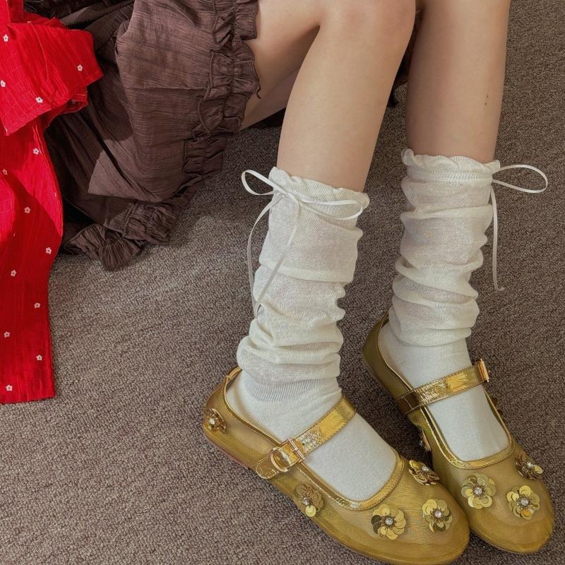 Female Bow-shaped Bubble Socks with Pile-up Feet, Children's Fresh-colored Mid-calf Socks
