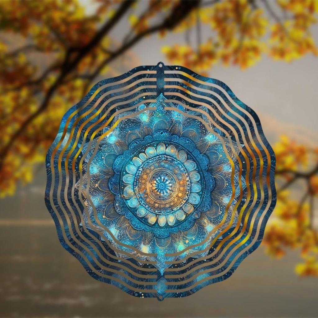 Bohemian Wind Spinner Outdoor Decor 10 Inch Hanging Garden Ornament with 360 Swivel Hook Blue Teal Gold Metal All Season Gift