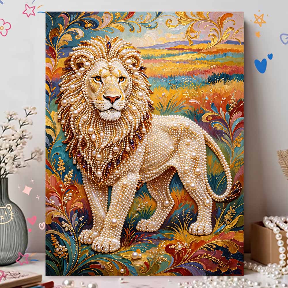 DIY Pearl Art Painting Majestic Lion Handmade Craft Modern Wall Decor Leisure Relax Activity Nice Gift for Novice Art Practitioners Home