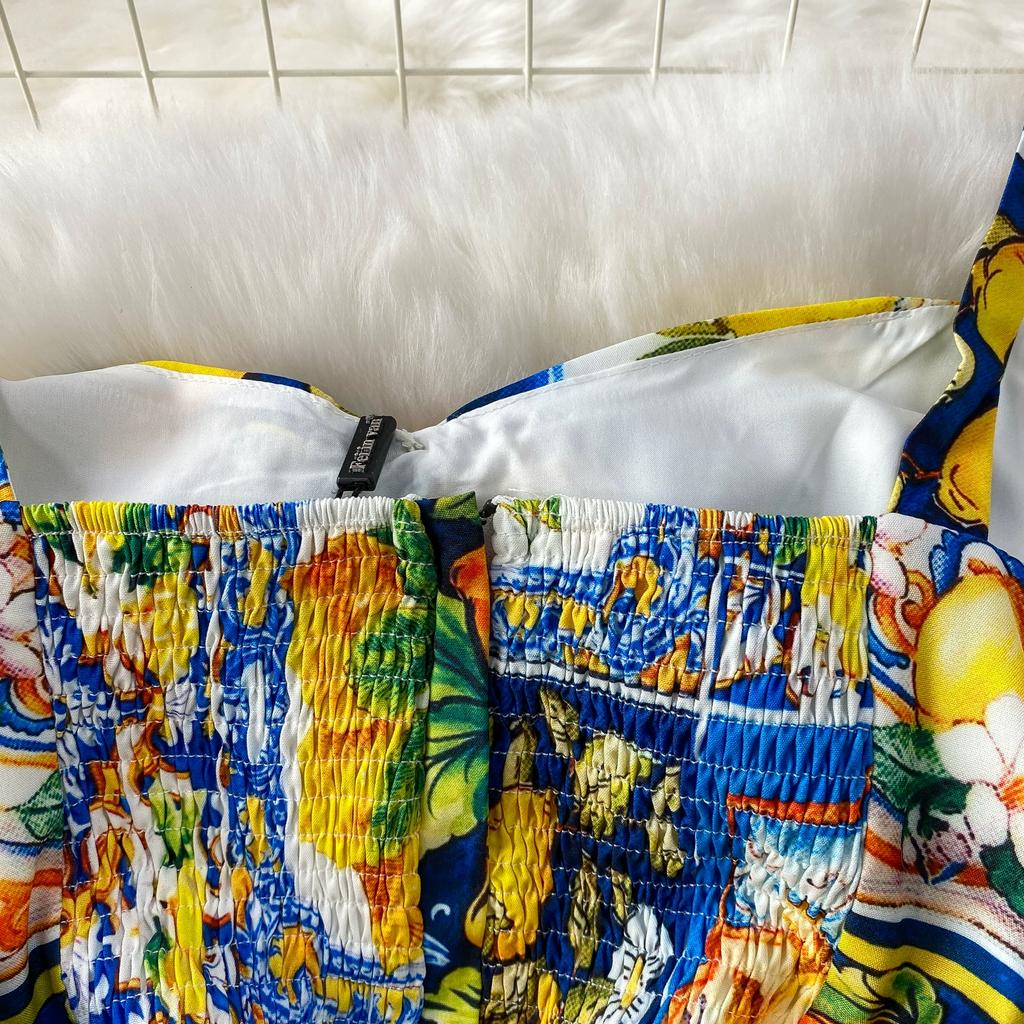 Summer Women Fruit Print Runway Dresses Fashion Spaghetti Strap Bowtie Long Maxi Holiday Party Dresses