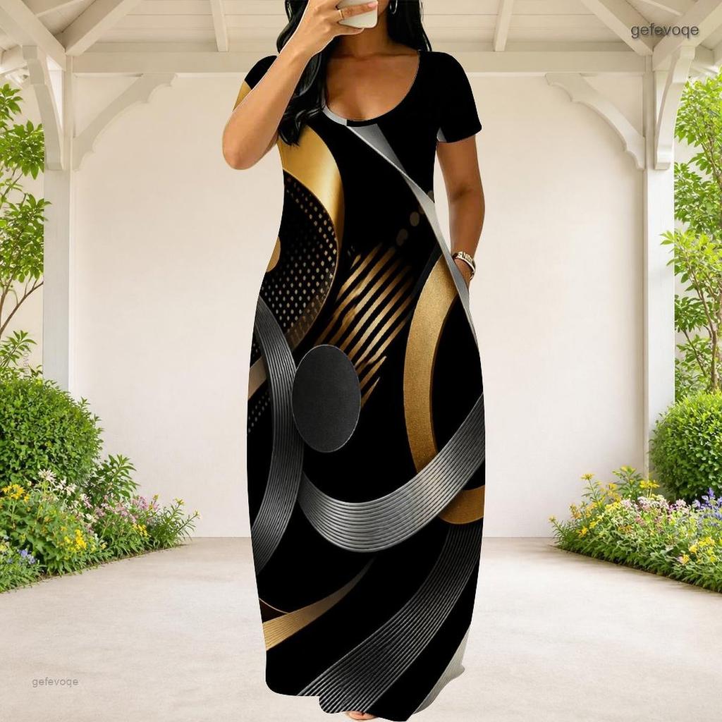 Women Plus Size Round Neck Short Sleeve Abstract Printed Black Teal Gold Maxi Dress With Side Pockets