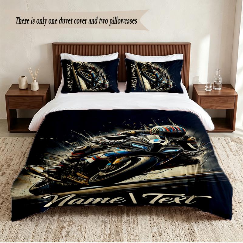 Motorcycle Skeleton Personalized Custom Name 3‑Piece Bedding Set Soft Duvet Cover Set For Bedroom Home Decor