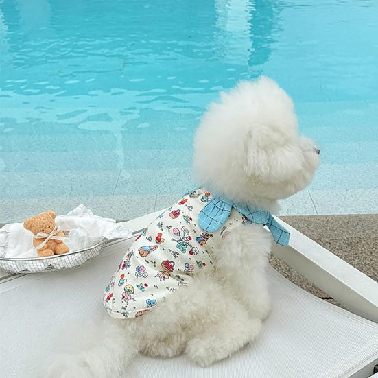 Çekme D Halkalı Evcil Hayvan Yeleği Kolsuz Köpek Koşum Takımı Karikatür Baskılı Yumuşak Nefes Alabilen Kumaş Bol Kesim Papyon Süslemeli Köpek Yeleği