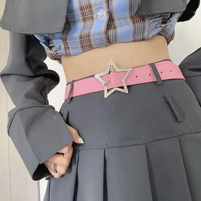 Y2K Yıldız Tokalı Kemer Pembe Deri Elastik Bağlama Süslemeli Kemer Parıltılı Yapay Elmas Retro Gelin Dekorasyon Aksesuarları