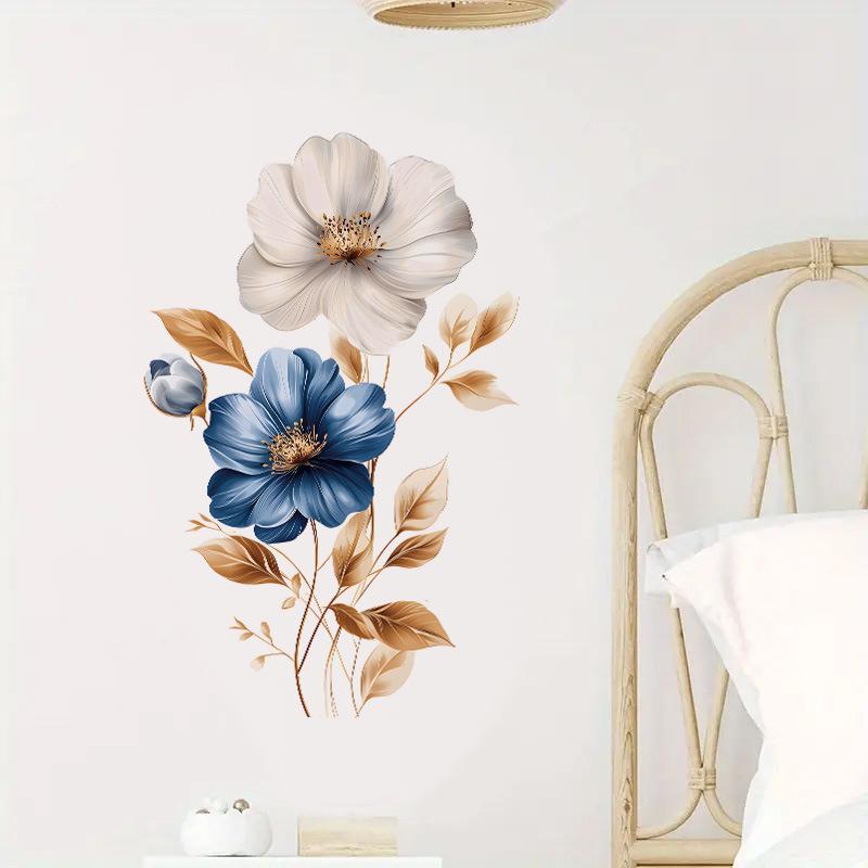 Simulated Blue White Floral Gold Leaves Wall Sticker Self-Adhesive Removable for Bedroom Hallway Elegant Home Decor Art