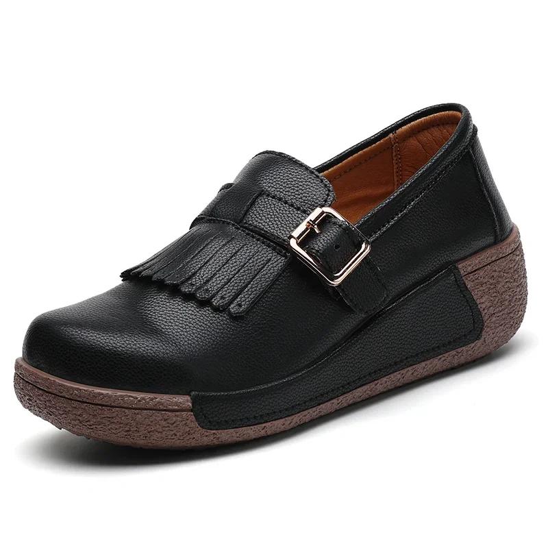Women Thick Sole Heightening Platform Mother Ladies Soft Non-Slip Walking Shoes High Quality Genuine Leather Wedges Causal Shoes