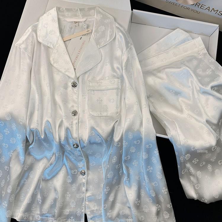 "Jarní luxusní pár pyžamový set z ledového hedvábí - top s dlouhým rukávem a žakárové kalhoty"