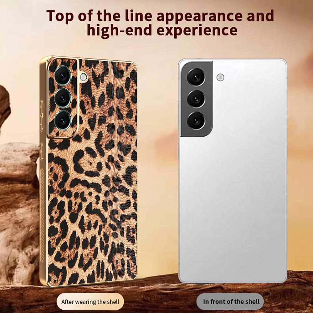 For Samsung Galaxy S22+ 5G Case Leopard Print PU Leather Coated PC + TPU Electroplating Phone Cover