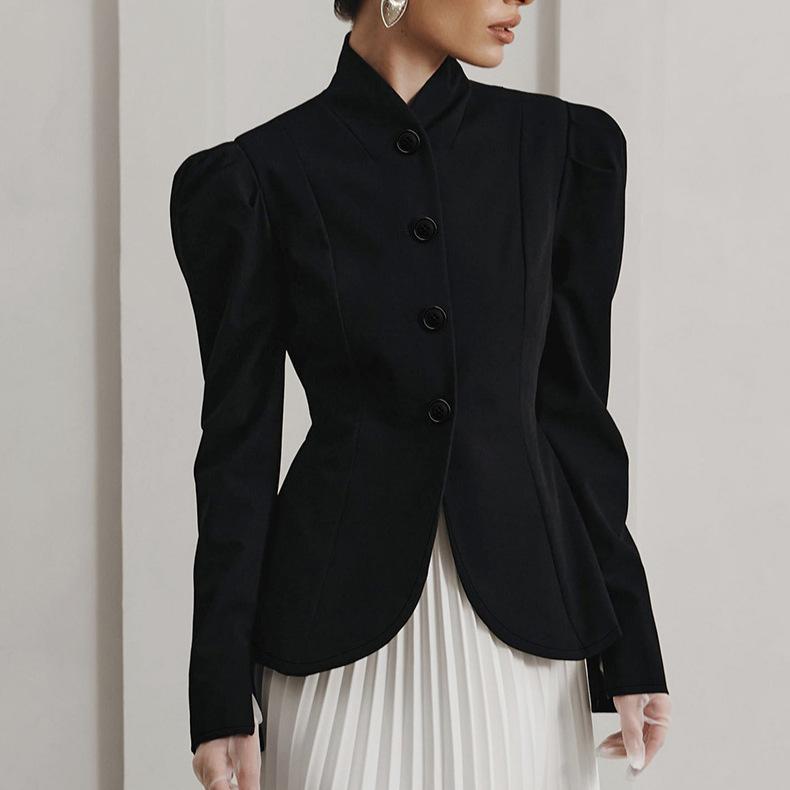 Damen Vintage Stehkragen Blazer Puffärmel Einreiher Schmale Kurze Jacke Elegante Büro Oberbekleidung Winter