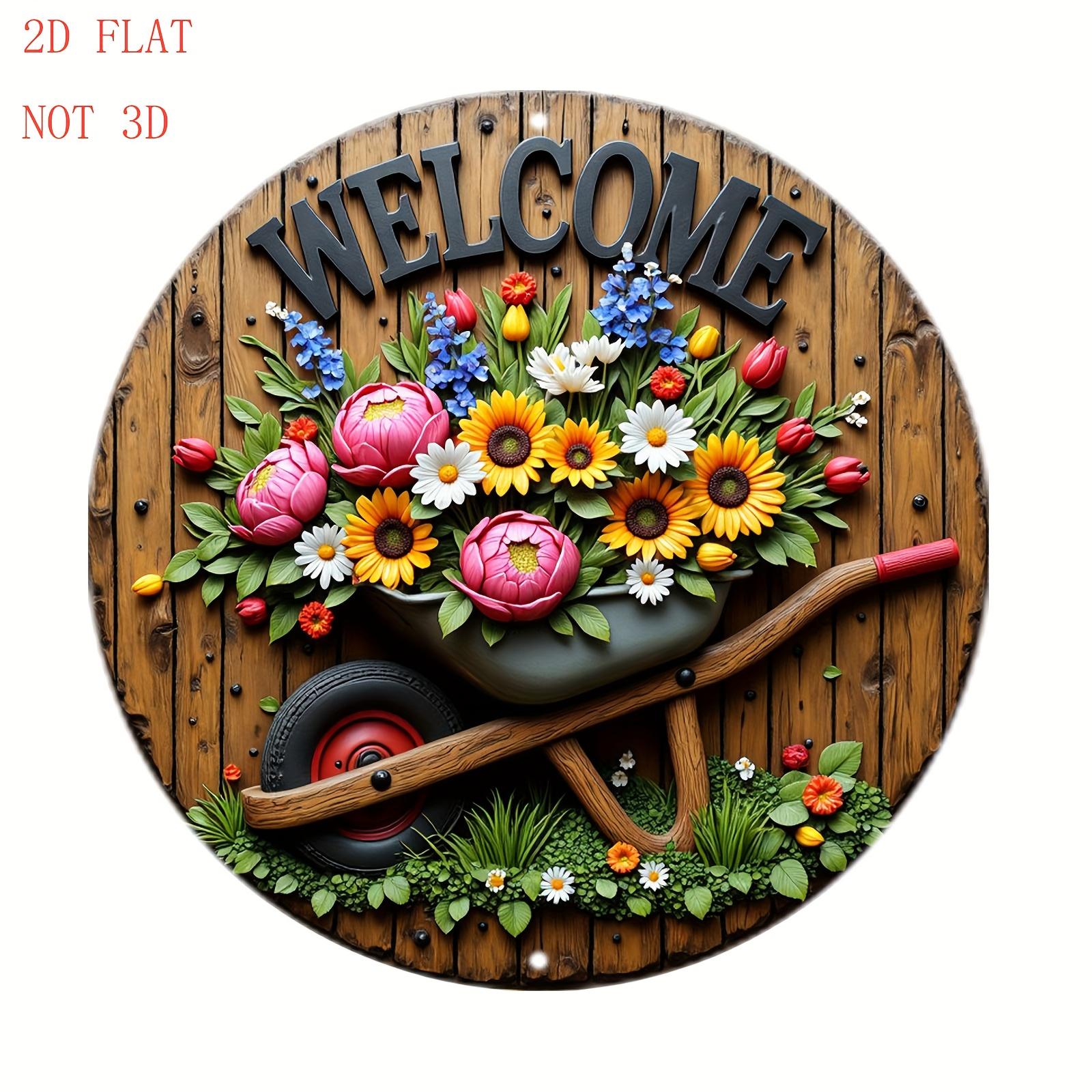 Inch Round Aluminum Welcome Plaque Vibrant Floral Wheelbarrow Design Wall Sign 20x30cm（7.8x11.8inch）