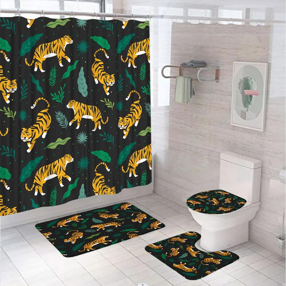 Tiger Shower Curtain Set Tropical Palm Leaf Wildlife Animal Jungle Zebra Leopard Bathroom Curtains Rug Bath Mat Lid Toilet Cover