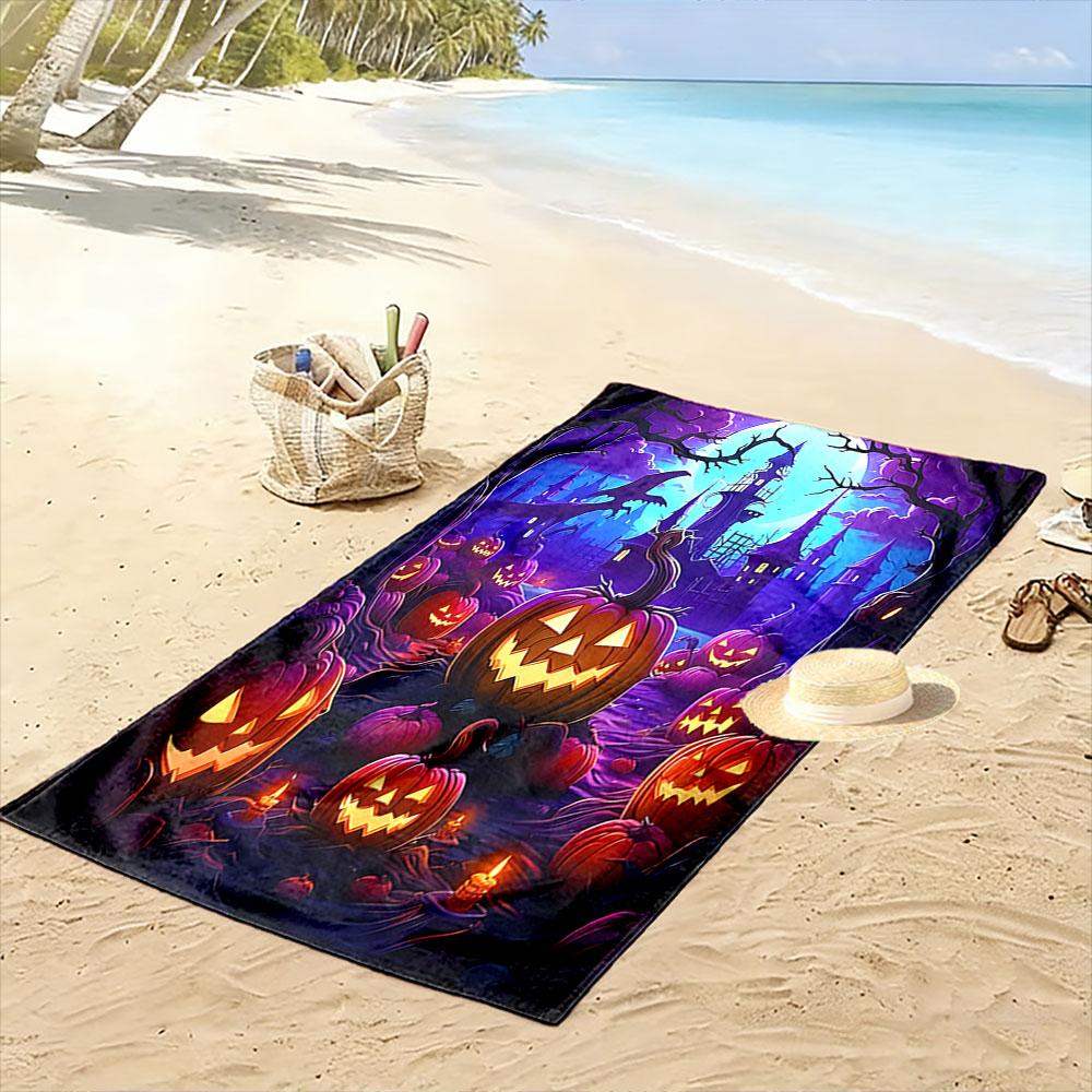 Glowing Pumpkin Mystery Night Print Beach Towel, Quick Drying, Suitable for Travel, Outdoor Sports, Jogging, the Beach and Swimming, Gift