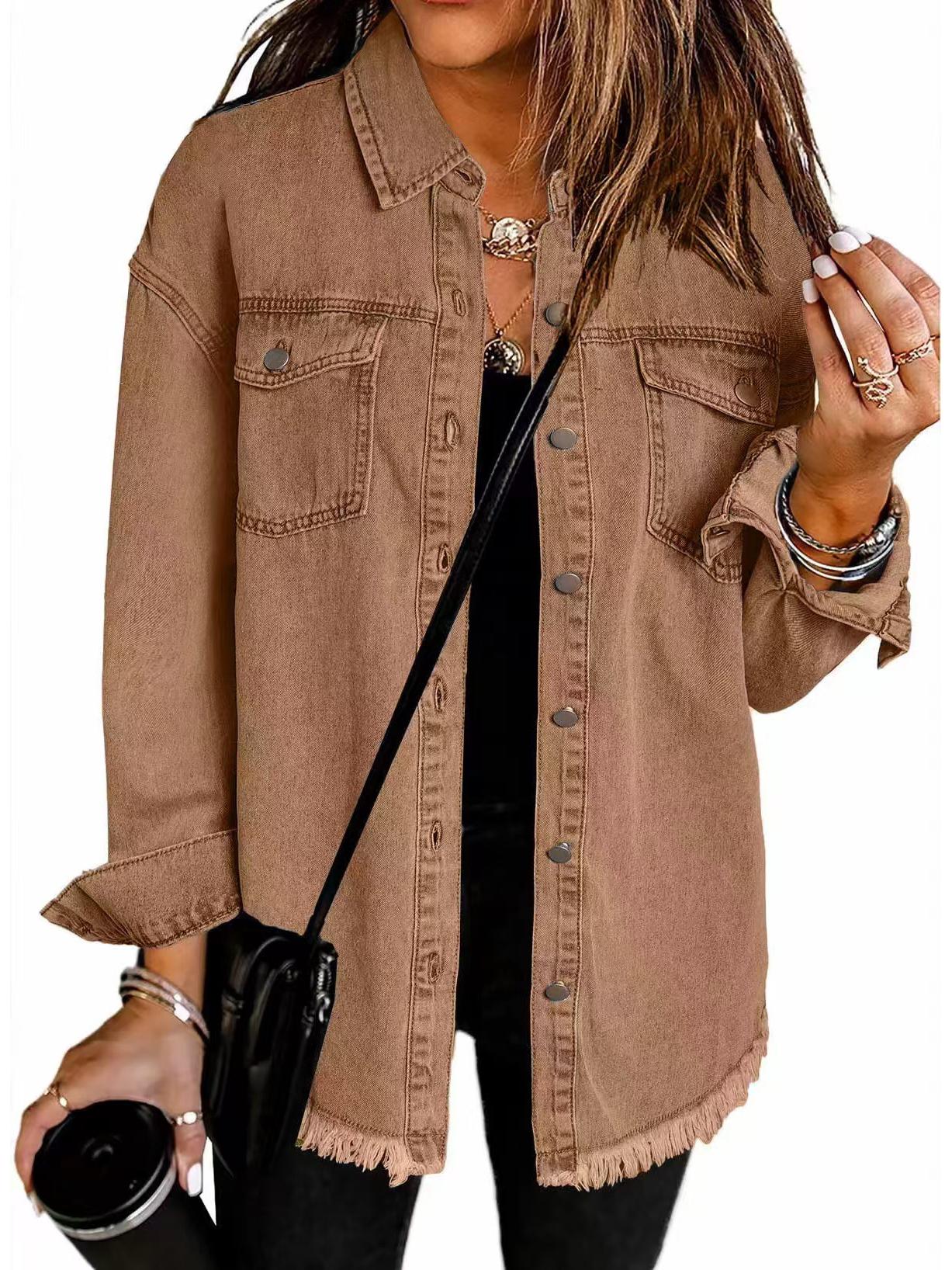 

2025 European & American Women s Frayed Denim Jacket - Autumn/Winter Street Style Large коричневий