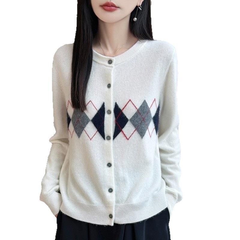 Cardigan tricotat pentru femei Toamnă Iarnă Model Retro Fair Isle Gât rotund Mânecă lungă Amestec de lână larg Pulover Coat Îmbrăcăminte exterioară casual