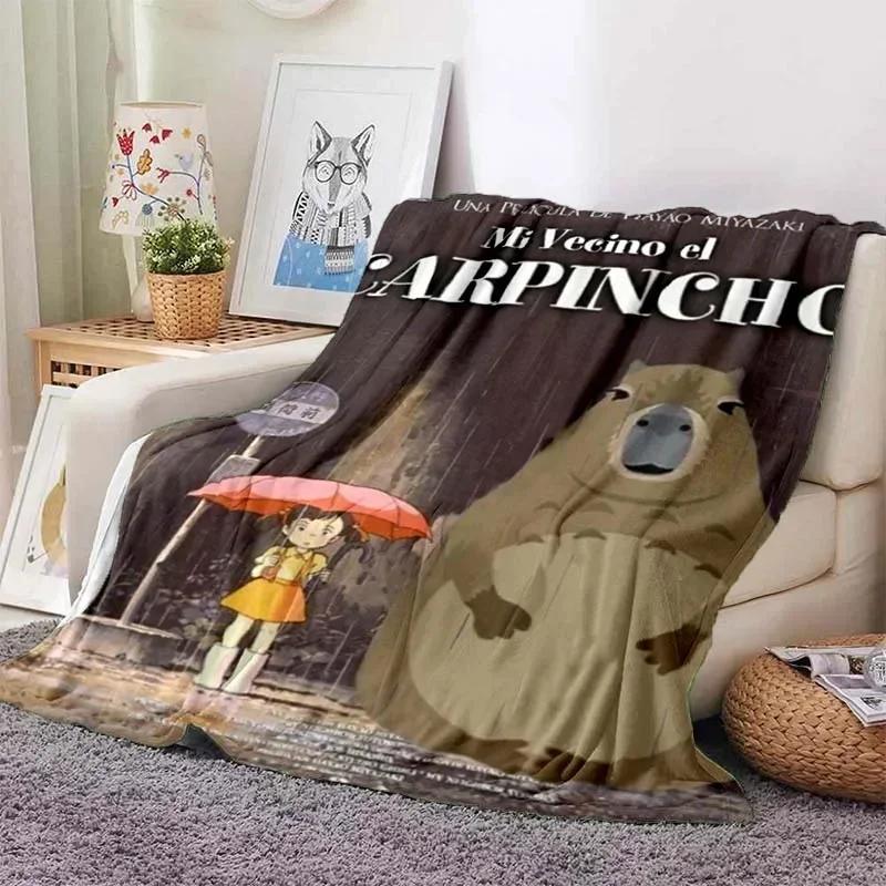 Kawaii The Capybara Club Home Cartoon Printed Blanket Picnic Blanket Warm Flannel Soft and Comfortable Home Travel Birthday Gift