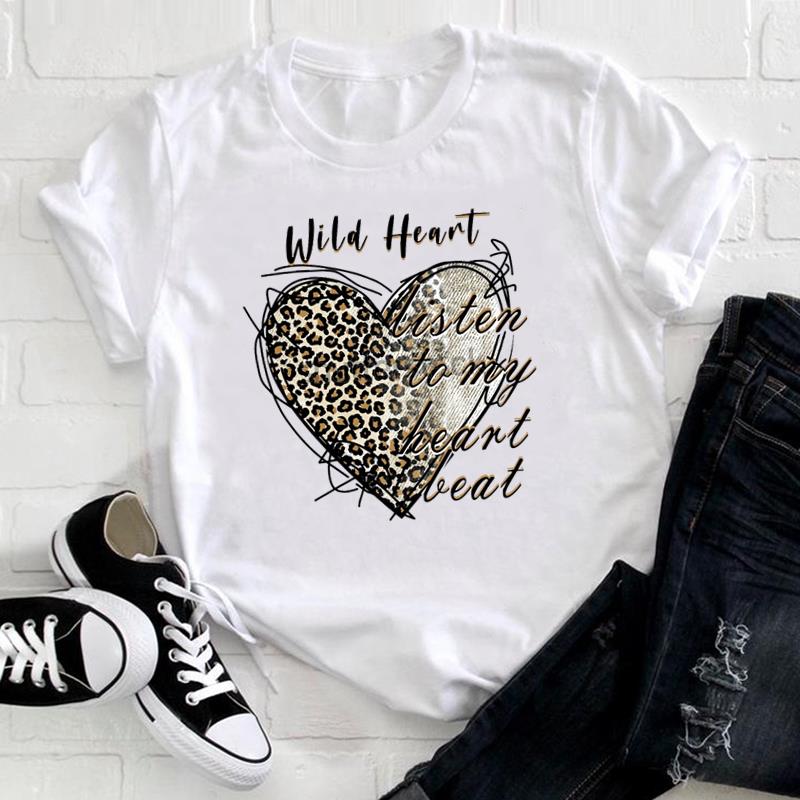 (European Size) Cute Sweet Tee Top Fashion T Leopard Love Heart Trend Shirt Women Print Lady Female  Clothing Casual Short Sleeve Graphic T-shirt