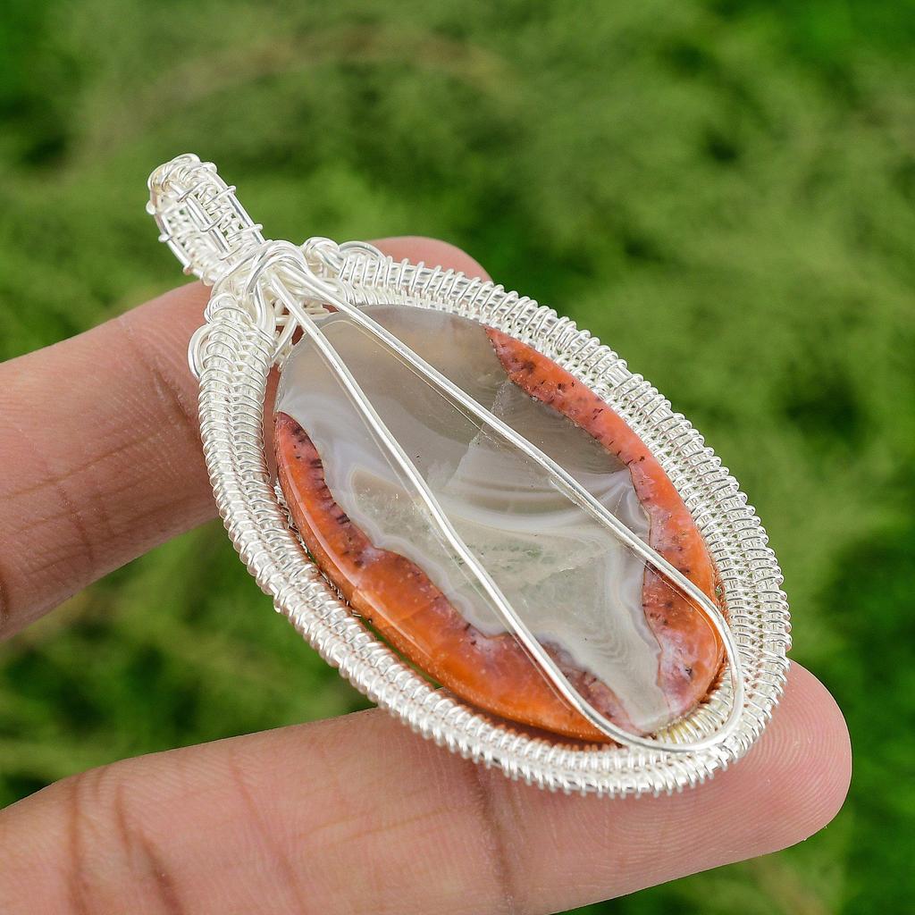 925 Sterling Silver Oval Botswana Agate Stone Wife Wire Wrapping Bezel Pendant