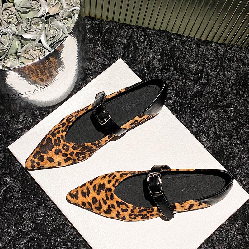 Fashion sexy leopard height increasing flat shoes woman buckle belt loafers pointed toe flock flats ladies cozy moccasins big size 42