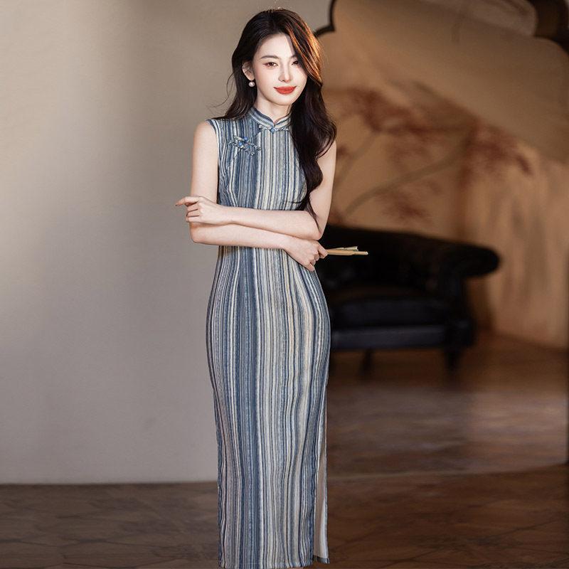Striped daily sleeveless national style new Chinese long cheongsam improved young 1011 new women's high sense summer