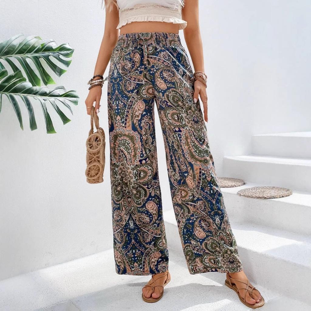 Summer New Fashion Versatile Printed Casual Wide Leg Pants for Women European American Style Ladies Bottoms