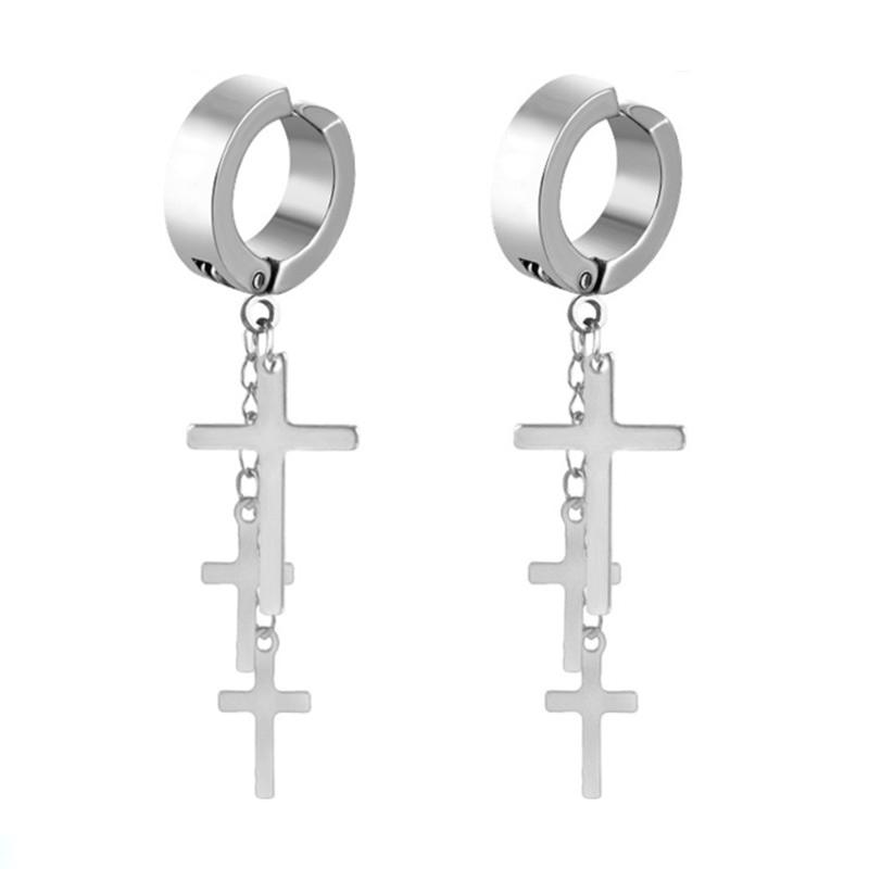 Set di 2 orecchini a cerchio pendenti con catena lunga a croce in acciaio inossidabile per uomo donna Regali Tono Nero/Argento