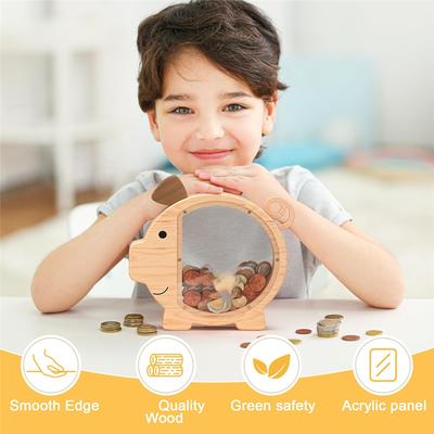 ABNO-Wooden Piggy Bank For Kids Large Piggy Bank For Boy And Girls, Cute Unbreakable Wood Money Bank, Saving Money Jar
