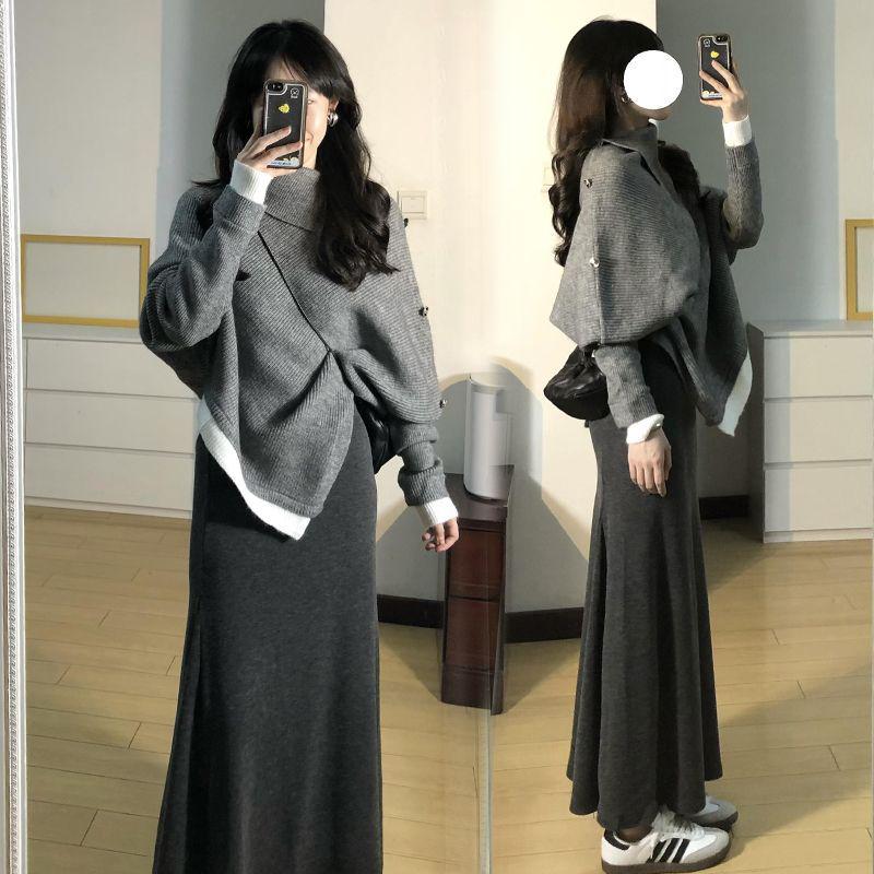 Women's High-End Irregular Knit Sweater Dress Set - Autumn/Winter Collection