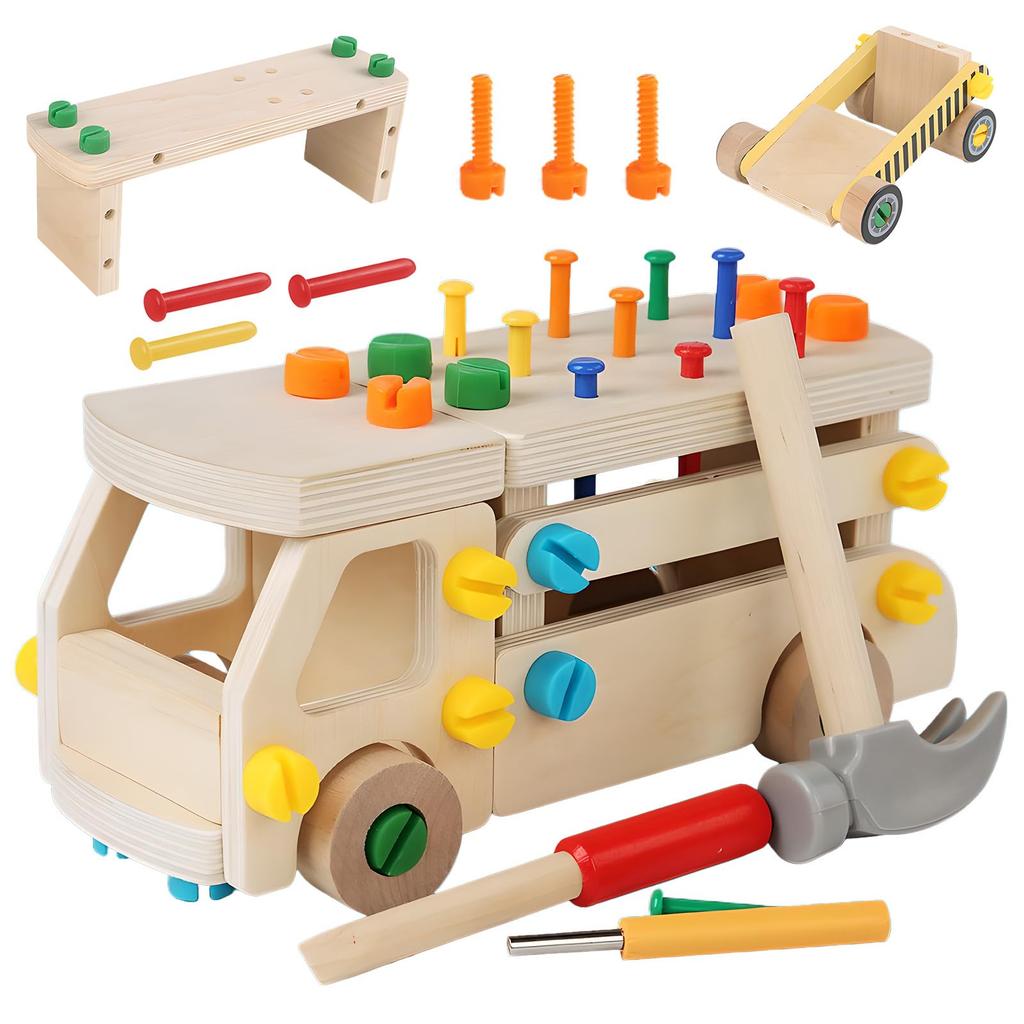 TYORORO Carpenter Assembly Wooden Toy Sangokko Car DIY Screwdriver Hammer Driver Fire Truck Toys for Kids Boys Girls Tools Montessori Education