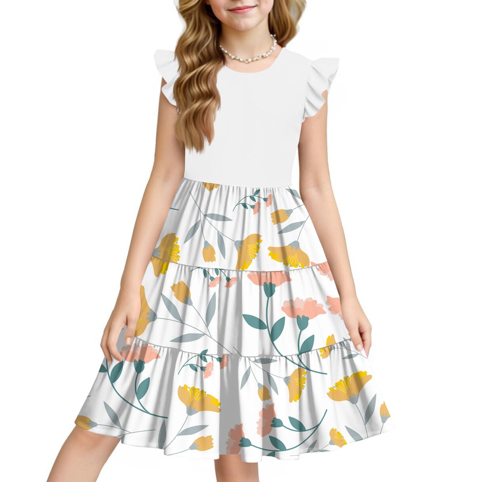 Summer Children s Dress Girls Printed Flowers Casual Cute Round Neck Princess Dress 160 бежевый