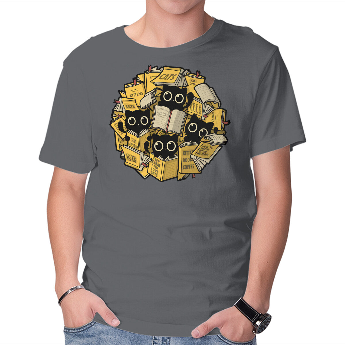 Unisex Crew Neck T-Shirt Books And Kittens Graphic Short Sleeve Casual Tee L