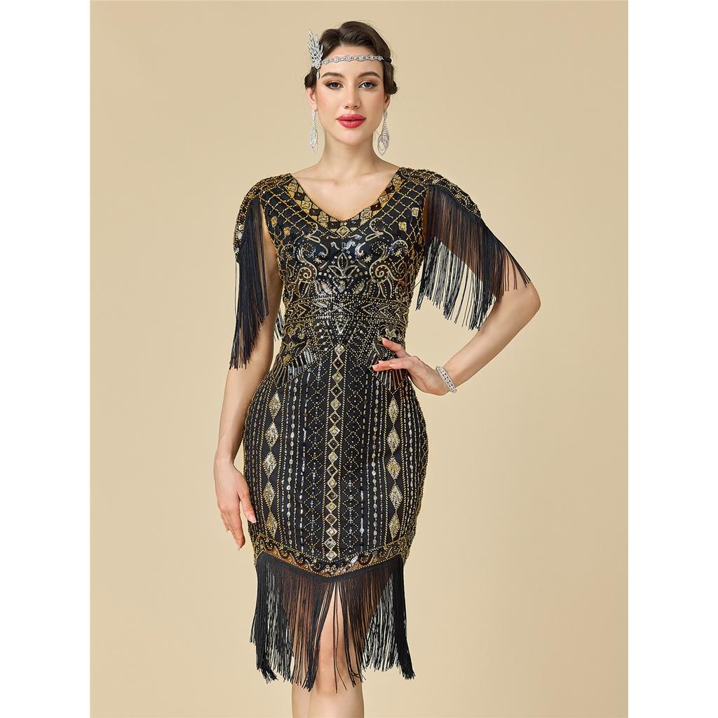 Women's Plus Size 1920s Gatsby Flapper Dress, Sequin Beaded Short Sleeve Fringe Evening Gown For Party & Pr