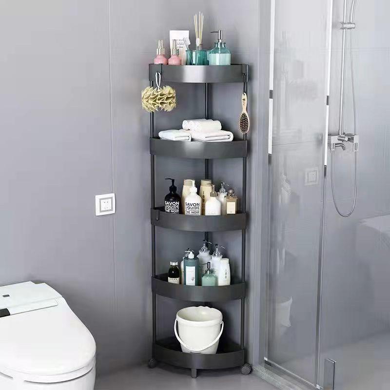 Compact Triangular Bathroom Storage Rack: Multi-Layer, Floor-Standing, Moveable Corner Organizer.
