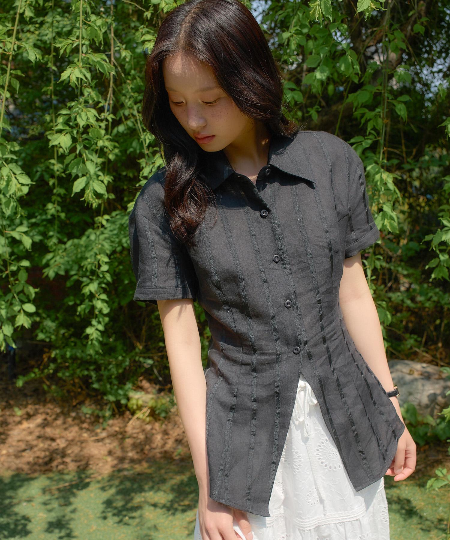 Salon De Yon Classic Linen Short Sleeve Shirt_ Black S