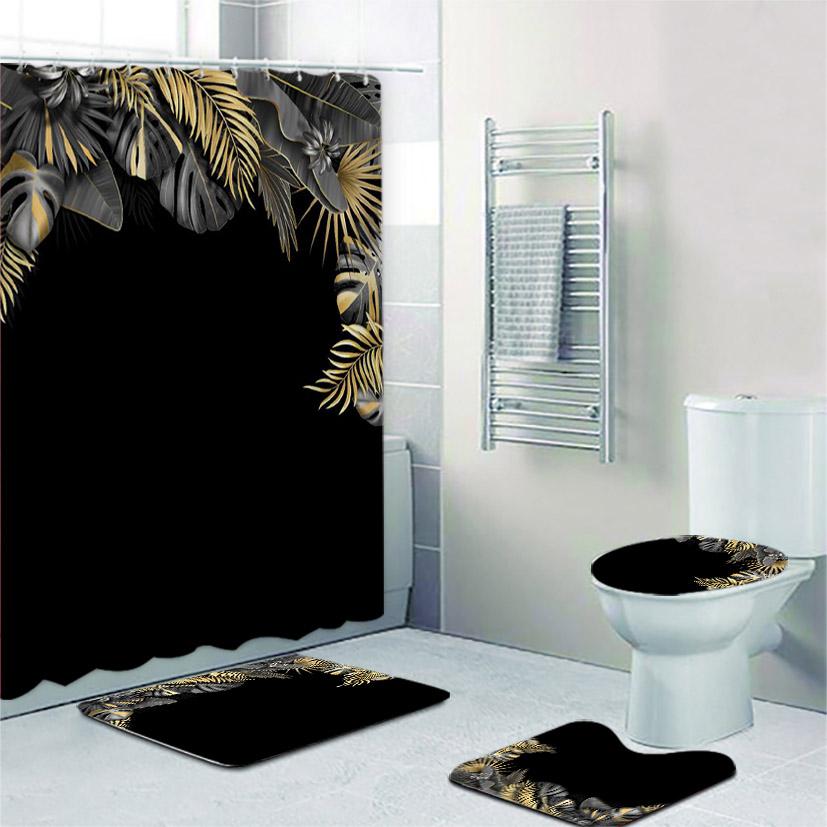 Black And Gold Tropical Plant Palm Leaf Bathroom Shower Curtain Set For Bathtub Exotic Leaves Bath Mats Rugs Toilet Home Decor