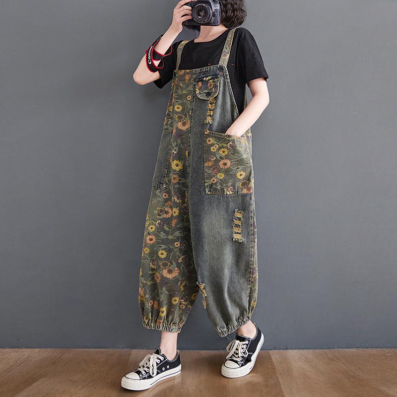 Salopette in denim con stampa floreale oversize casual per donna, jeans larghi a gamba larga, tute e tute cargo con cinturini, pantaloni larghi