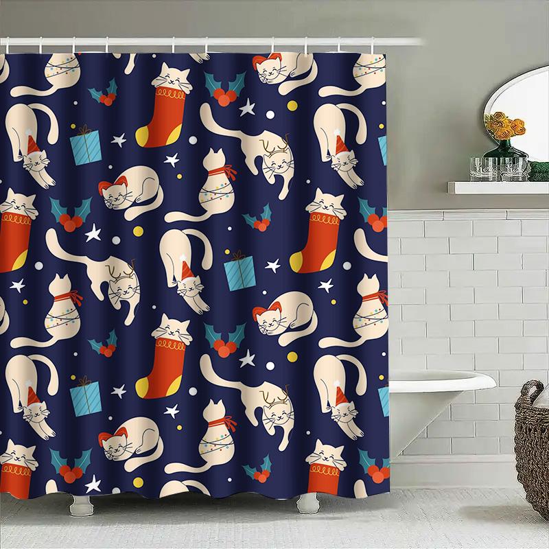 

Рождественские коты Занавеска для душа Рождественский декор Синяя ткань с принтом Коврик для ванны Кухонные шторы для украшения дома в душевой занавеске 90x180cm