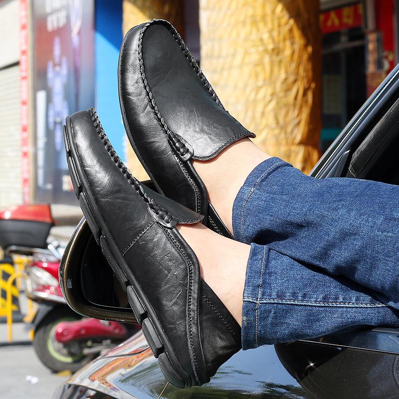 Plus Size Men's Cowhide Driving Moccasins - Casual Leather Shoes, British Style, Trendy Cross-Border Design.