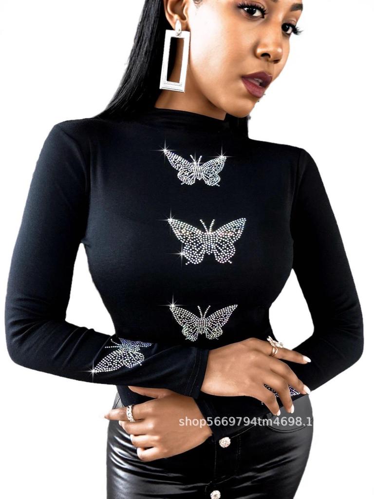 2025 European Style Autumn Slim Fit Butterfly Diamond Long-Sleeve Top for Women