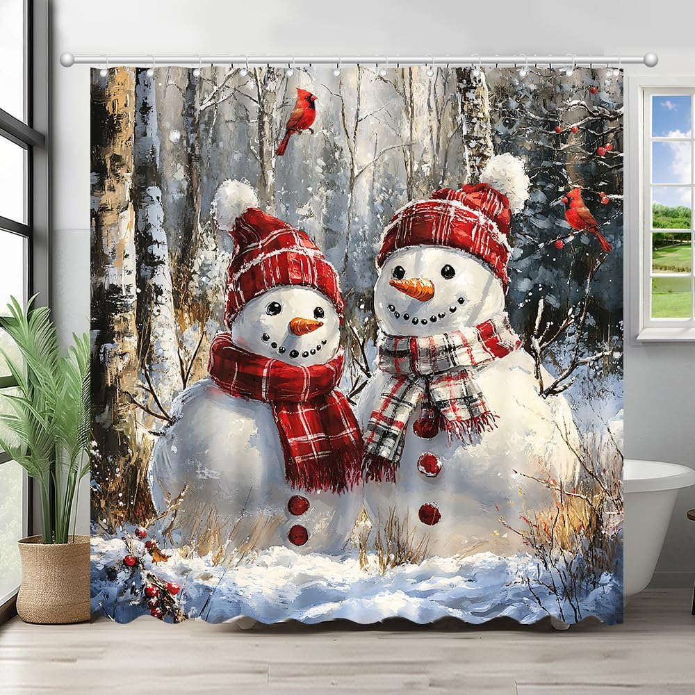 Winter Christmas Snowman Shower CurtainCute Snowman Home Bathroom Decorations Santa Xmas Winter Forest Bathtub Curtain Set