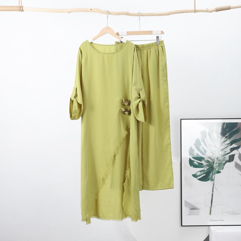 

Весна Осень Женские Брюки Комплекты Однотонные Неровные Высокий Низкий Подол Женский Комплект Из Двух Частей С О-Образным Вырезом Топ С Разрезом Широкие Брюки Комплекты 3XL жёлтый