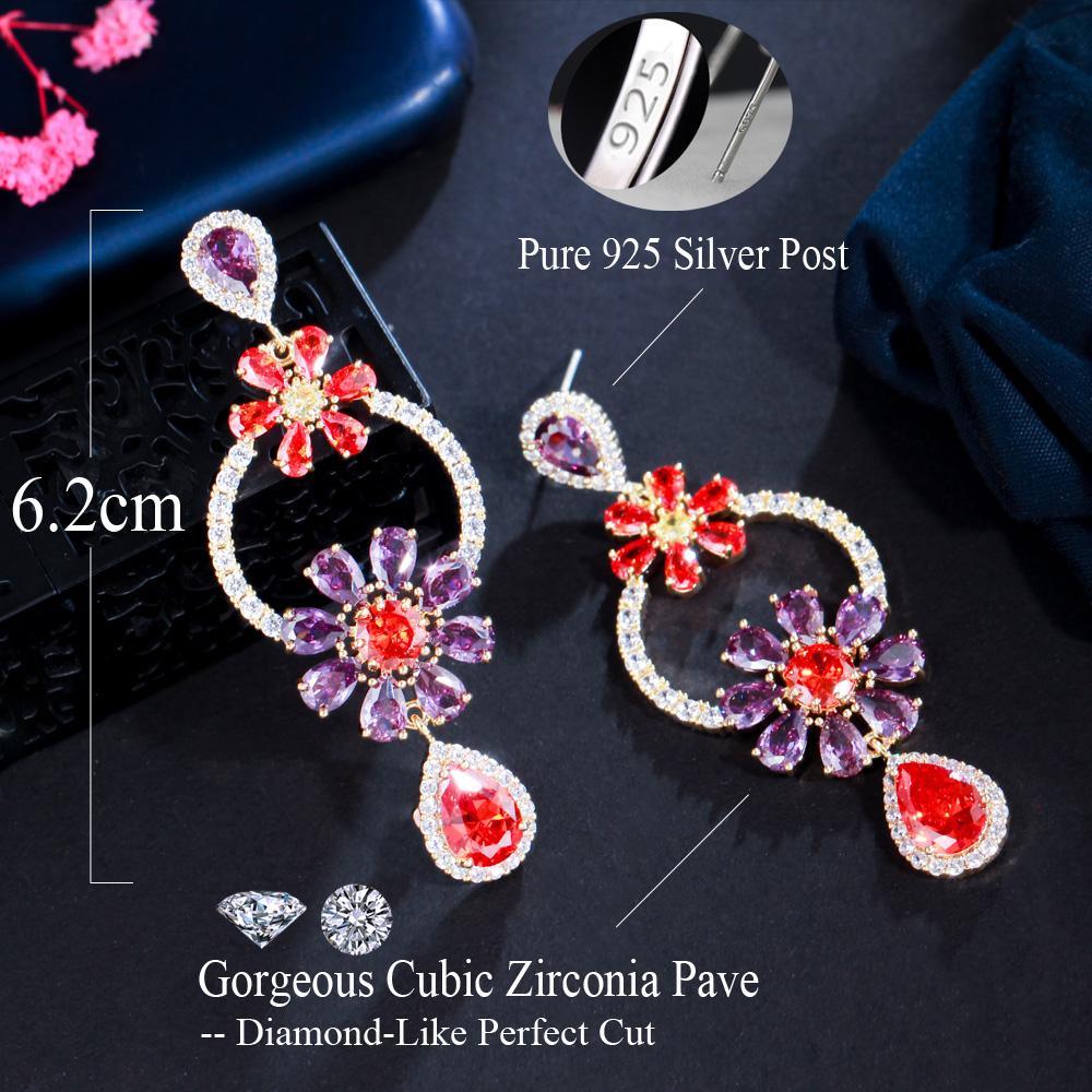 CMM Party Jewelry Golden Color Cubic Zirconia Flower Drop Earrings