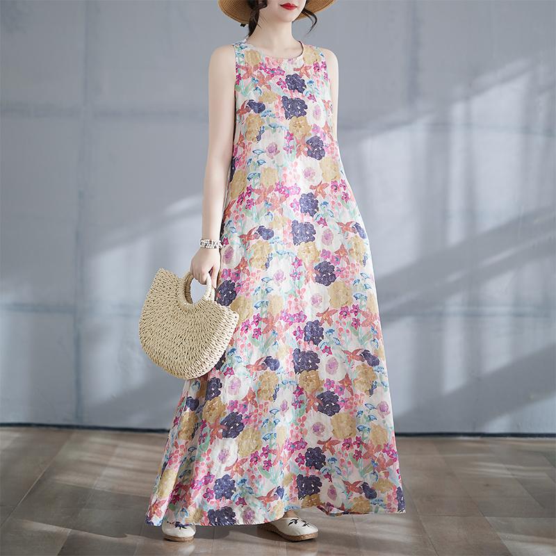 DIMANAF 2025 Women Summer Dress Ladies Basic Long Linen Flower Dress 8135