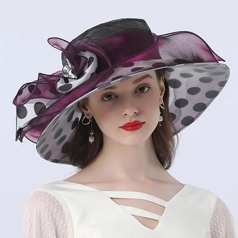 WTEMPO American Retro Wave Point Large Brimmed Sun Hats Women's Casual Sunshade Hats Fashion Pearl Mesh Hats