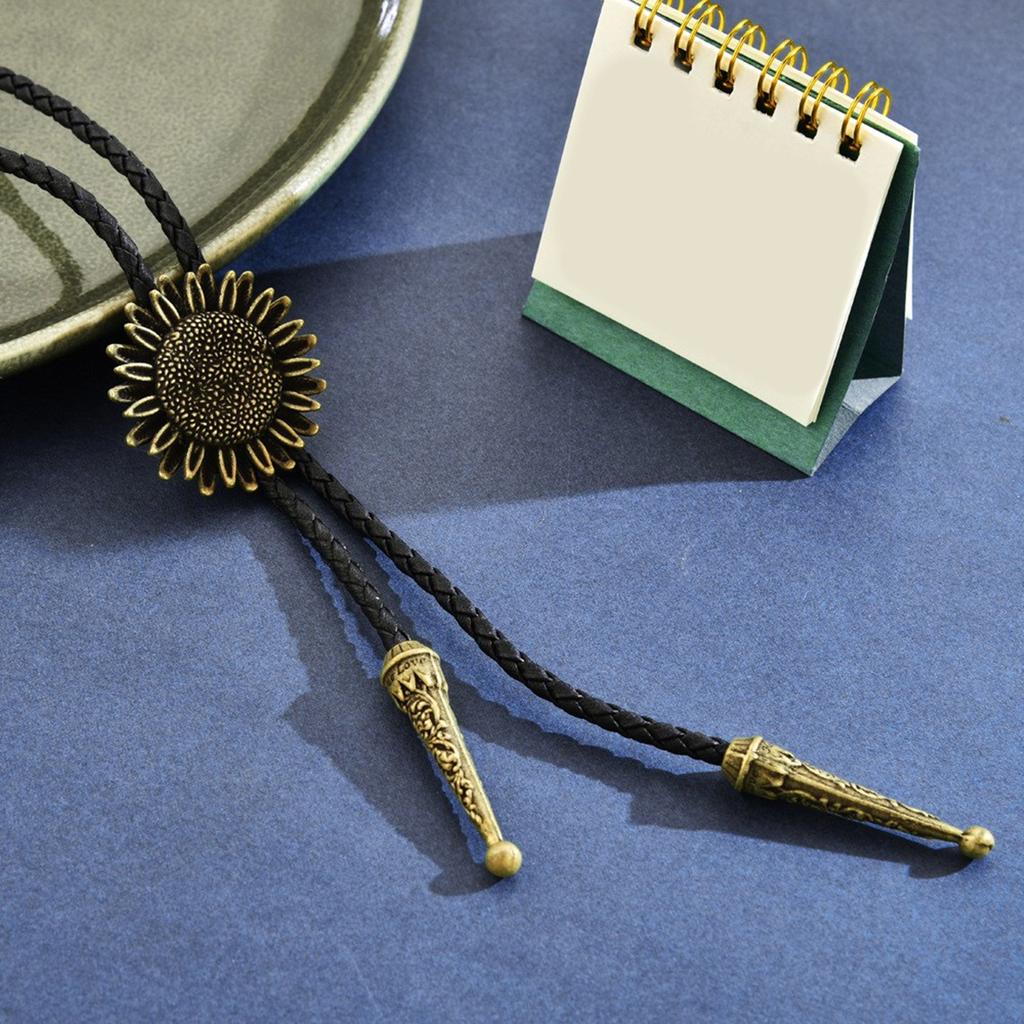 Metal Sunflower Bolo Tie Western Cowboy Necktie with PU Leather Cord for Men and Women Sweater Adjustable Collar Chain
