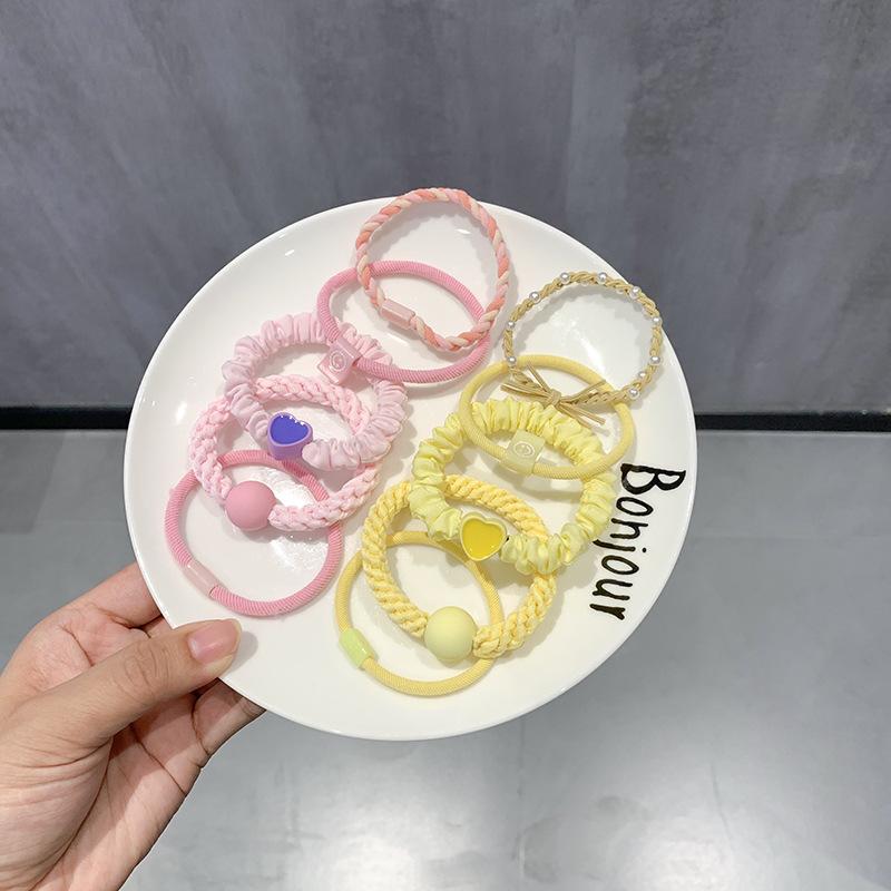 5/10pcs/Set Simple Heart Ball Charms Scrunchie No Damage Elastic Braided Hair Ties Ropes Women Girls Ponytail Holder Rubber Band