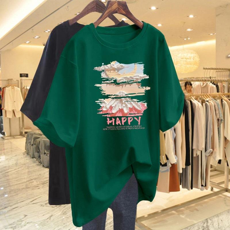 

Loose front shoulder apricot pure cotton long-sleeved short-sleeved T-shirt women s 2025 summer new large-version top bottoming shirt XXXXL темно-зелений колір