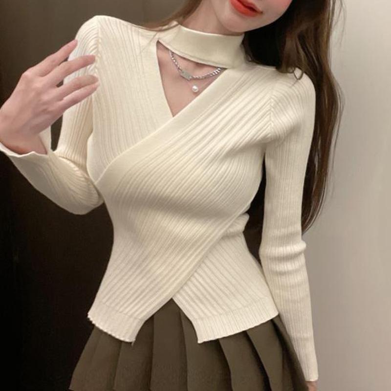Sexy Fashion Cross V-neck Knitted Bottoming Shirt Women's Pullover Slim Fit Casual Sweater Autumn Winter Turtleneck Inner Top Solid Simple Clothing