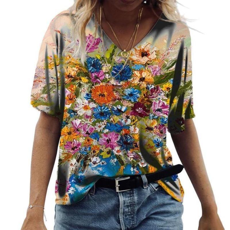 Summer Flower T-Shirts Floral 3D Print Women V-Neck Short Sleeve T Shirt Streetwear